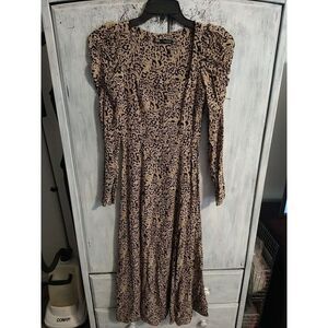 Zara Leopard Ruched Puff Long Sleeve Maxi Dress Xs Boho Cottage Core